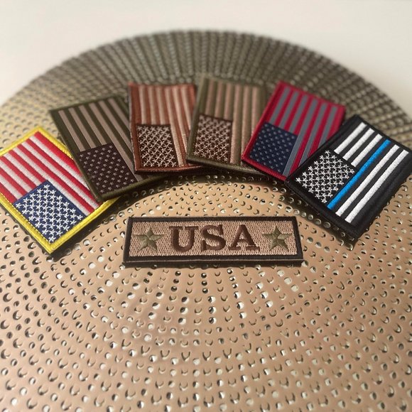 Set of 7 Tactical Embroidered Patches USA Flags for Jeans, Hats - Hook & Loop